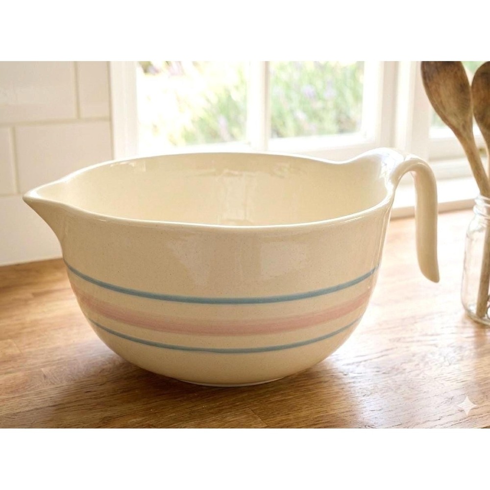 Vintage McCoy Pottery 2 Quart Pink Blue Stripe Batter Mixing Bowl with Spout